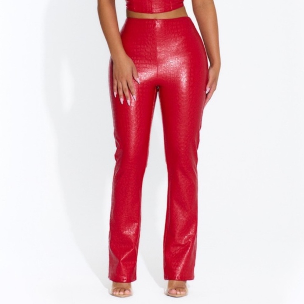 Naked Wardrobe High-Waisted Red Croco Embossed Pants S